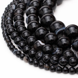 Natural Black Striped Agate Beads Round | Grade AAA | 4mm 6mm 8mm 10mm 12mm | Genuine Lace Agate, 15.5&quot; Strand for Jewelry Making