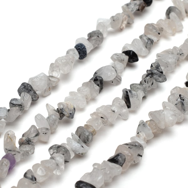 Natural Black Rutilated Quartz Chip Beads Approx 5-8mm 32" Strand Tiny Crystal Gemstone For Jewelry Making Irregular Nugget