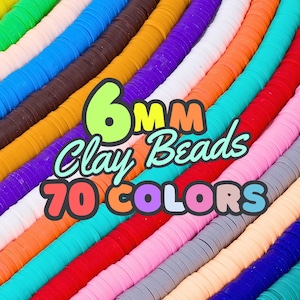 May include: A close-up of a variety of 6mm clay beads in 70 different colors. The beads are arranged in rows, with each row featuring a different color.