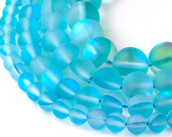Aqua Blue Mystic Aura Quartz Beads | Frosted Mermaid Glass | Matte Synthetic Moonstone | Round 6mm 8mm 10mm 12mm | 15 Strand Jewelry Making - Canada