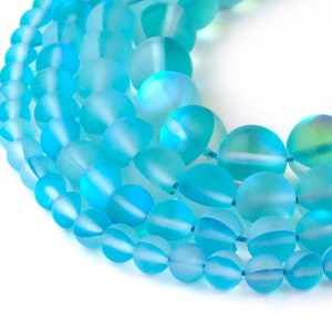 Aqua Blue Mystic Aura Quartz Beads | Frosted Mermaid Glass | Matte Synthetic Moonstone | Round 6mm 8mm 10mm 12mm | 15" Strand Jewelry Making