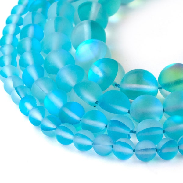 Aqua Blue Mystic Aura Quartz Beads | Frosted Mermaid Glass | Matte Synthetic Moonstone | Round 6mm 8mm 10mm 12mm | 15" Strand Jewelry Making