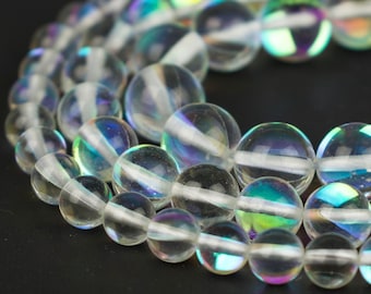 Mystic Aura Quartz Beads | Polished Mermaid Glass | Clear Synthetic Moonstone | Round 6mm 8mm 10mm 12mm | 15" Strand Jewelry Bracelet Making