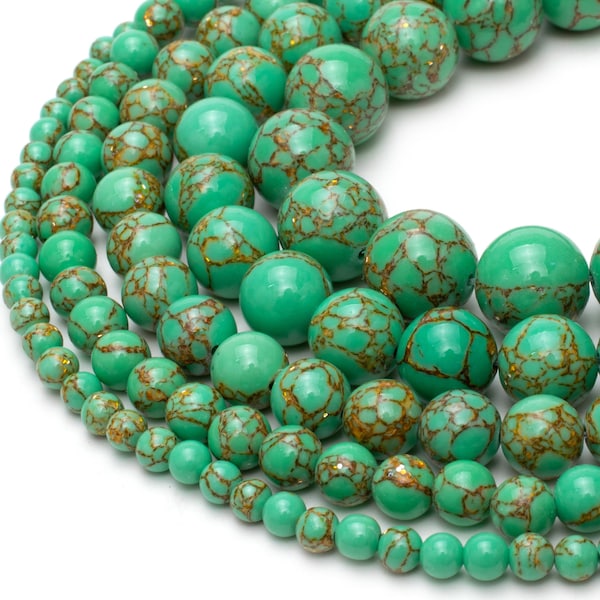 Mint Gold Vein Turquoise Magnesiet Bead Strand | 4 mm 6 mm 8 mm 10 mm | Groen blauwe ronde edelsteen | 15 "Strandkralen voor het maken van sieraden DIY