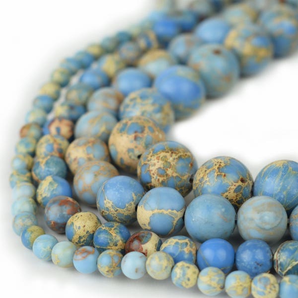 Cornflower Blue Sea Sediment Jasper Beads 4m 6mm 8mm 10mm Regalite Round Imperial Impression Stone, 15.5" Full Strand