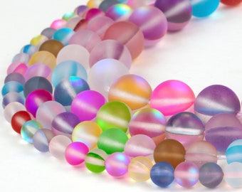 Mystic Aura Quartz Beads | Frosted Mermaid Glass | Matte Rainbow Synthetic Moonstone | Round 6mm 8mm 10mm 12mm | 15" Strand Jewelry Making