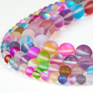 Mystic Aura Quartz Beads | Frosted Mermaid Glass | Matte Rainbow Synthetic Moonstone | Round 6mm 8mm 10mm 12mm | 15&quot; Strand Jewelry Making