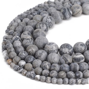 Natural Matte Map Stone Beads Round | 4mm 6mm 8mm 10mm 12mm | Frosted Scenery Jasper | 15 inch Stand | Jewelry Making Gemstone Bulk