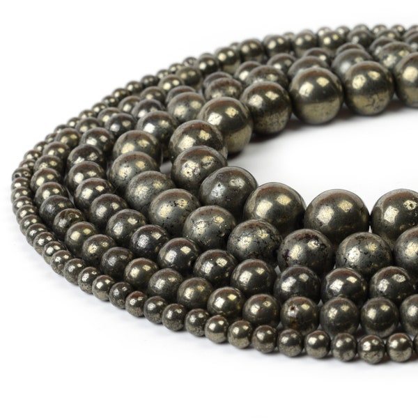 Natural Pyrite Beads 4mm 6mm 8mm 10mm 12mm Loose Gemstone Round 15.5" Full Strand Wholesale