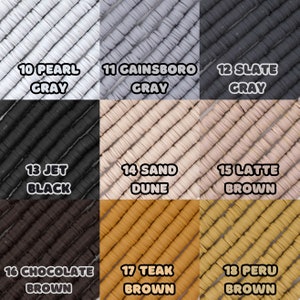 May include: A close-up of 18 different colors of round wooden beads. The beads are arranged in a grid pattern. The colors are: Pearl Gray, Gainsboro Gray, Slate Gray, Jet Black, Sand Dune, Latte Brown, Chocolate Brown, Teak Brown, and Peru Brown.