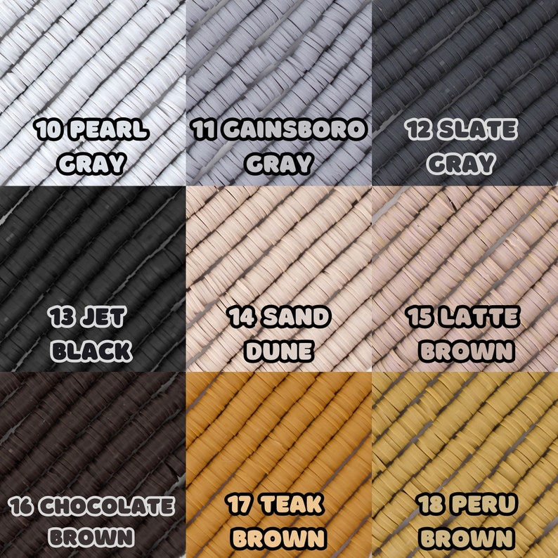 May include: A close-up of 18 different colors of round wooden beads. The beads are arranged in a grid pattern. The colors are: Pearl Gray, Gainsboro Gray, Slate Gray, Jet Black, Sand Dune, Latte Brown, Chocolate Brown, Teak Brown, and Peru Brown.