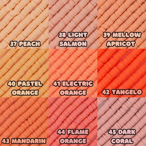 May include: Swatch card with 10 different shades of orange and peach. The shades are labeled with numbers and names, including Peach, Light Salmon, Mellow Apricot, Pastel Orange, Electric Orange, Tangelo, Mandarin, Flame Orange, and Dark Coral.