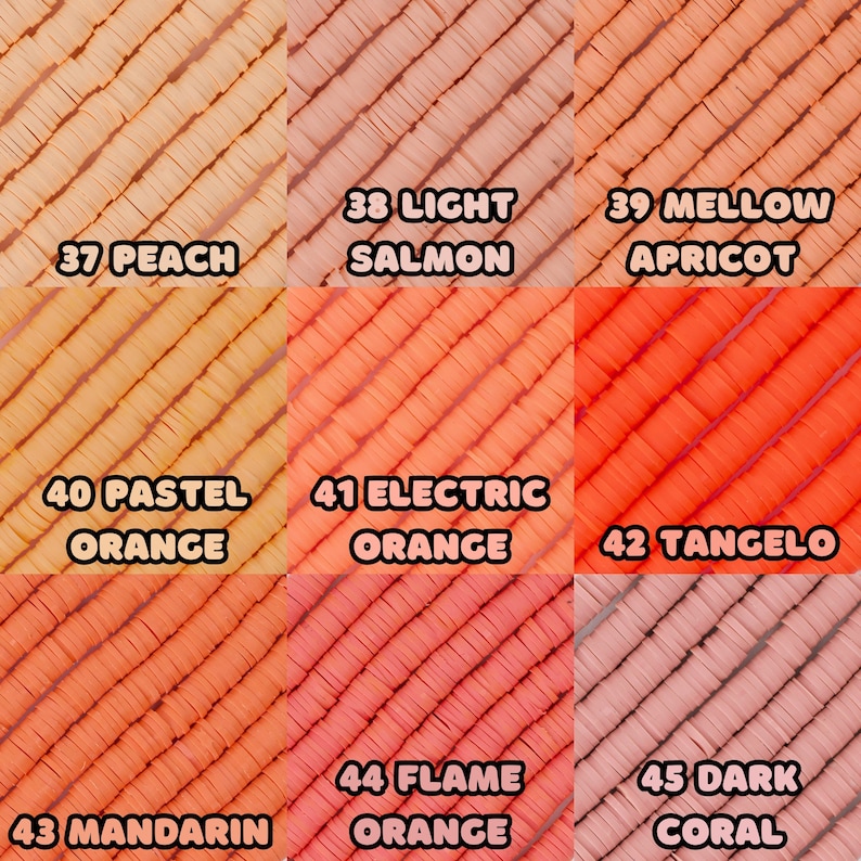May include: Swatch card with 10 different shades of orange and peach. The shades are labeled with numbers and names, including Peach, Light Salmon, Mellow Apricot, Pastel Orange, Electric Orange, Tangelo, Mandarin, Flame Orange, and Dark Coral.