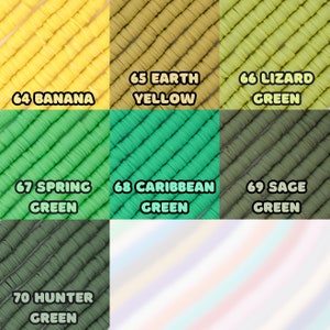 May include: A color chart of 10 different shades of green and yellow polymer clay beads. The colors are labeled with numbers and names, including Banana, Earth Yellow, Lizard Green, Spring Green, Caribbean Green, Sage Green, and Hunter Green.