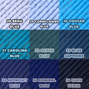 May include: A collection of 10 different shades of blue polymer clay beads. The beads are arranged in three rows of three, with each row labeled with a number and a color name. The colors are: Beau Blue, Cornflower Blue, Dodger Blue, Carolina Blue, Ocean Blue, Blue Sapphire, Midnight Blue, Admiral Blue, and Dark Denim.