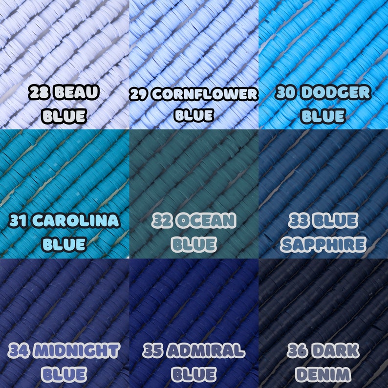 May include: A collection of 10 different shades of blue polymer clay beads. The beads are arranged in three rows of three, with each row labeled with a number and a color name. The colors are: Beau Blue, Cornflower Blue, Dodger Blue, Carolina Blue, Ocean Blue, Blue Sapphire, Midnight Blue, Admiral Blue, and Dark Denim.