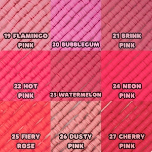 May include: Nine different shades of pink polymer clay beads, arranged in a grid. The shades are labeled with numbers and names, including Flamingo Pink, Bubblegum, Brink Pink, Hot Pink, Watermelon, Neon Pink, Fiery Rose, Dusty Pink, and Cherry Pink.