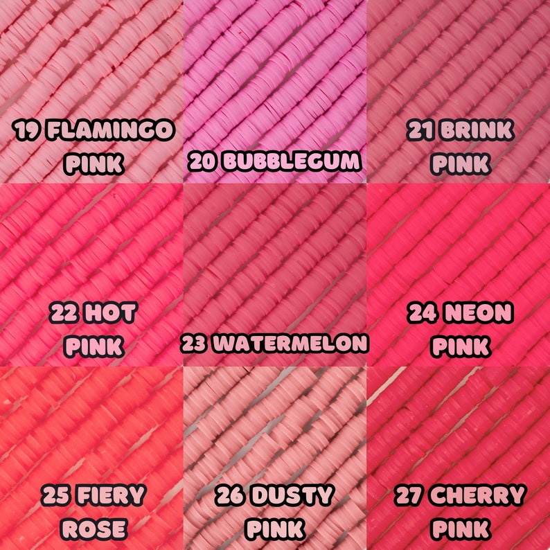 May include: Nine different shades of pink polymer clay beads, arranged in a grid. The shades are labeled with numbers and names, including Flamingo Pink, Bubblegum, Brink Pink, Hot Pink, Watermelon, Neon Pink, Fiery Rose, Dusty Pink, and Cherry Pink.