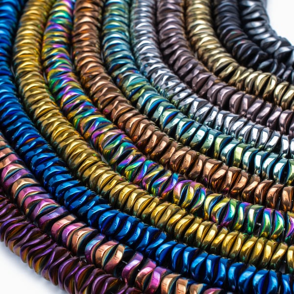 Electroplated Hematite Beads 15" Strand Non-magnetic | 6.5mm x 1.5mm Wavy Flat/Round Disc 12 Different Colors