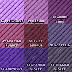 May include: A color chart of purple shades with names like Periwinkle, Orchid, Mardi Gras, Liserian Purple, Flirt Purple, Wisteria, Amethyst, Spanish Violet, and English Violet.