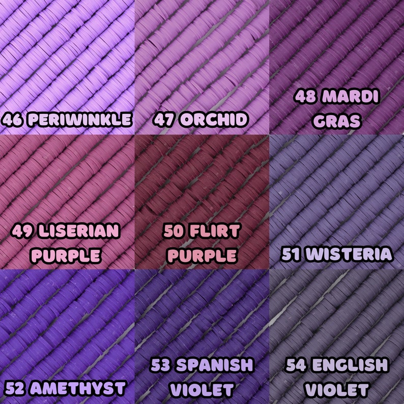 May include: A color chart of purple shades with names like Periwinkle, Orchid, Mardi Gras, Liserian Purple, Flirt Purple, Wisteria, Amethyst, Spanish Violet, and English Violet.