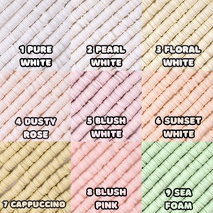 May include: Nine different colors of round, flat, plastic beads. The colors are: pure white, pearl white, floral white, dusty rose, blush white, sunset white, cappuccino, blush pink, and sea foam.