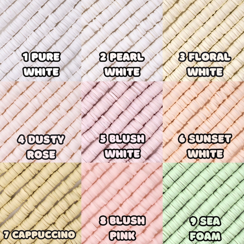 May include: Nine different colors of round, flat, plastic beads. The colors are: pure white, pearl white, floral white, dusty rose, blush white, sunset white, cappuccino, blush pink, and sea foam.