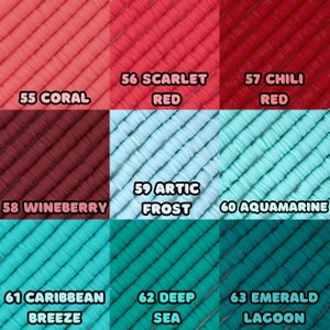 May include: A color chart with nine different shades of red, blue, and green. The colors are labeled with numbers and names, such as "55 Coral", "56 Scarlet Red", "57 Chili Red", "58 Wineberry", "59 Artic Frost", "60 Aquamarine", "61 Caribbean Breeze", "62 Deep Sea", and "63 Emerald Lagoon".