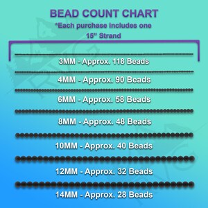 May include: Bead count chart showing the approximate number of beads per strand for different bead sizes. The chart includes bead sizes from 3mm to 14mm, with corresponding bead counts for each size. Each purchase includes one 15-inch strand.