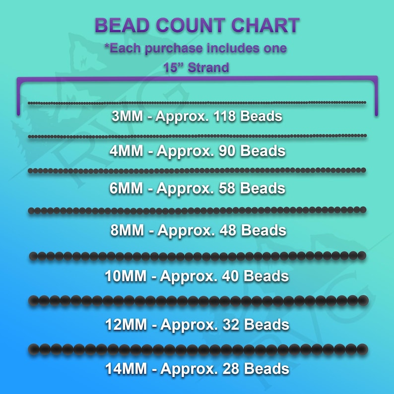 May include: Bead count chart showing the approximate number of beads per strand for different bead sizes. The chart includes bead sizes from 3mm to 14mm, with corresponding bead counts for each size. Each purchase includes one 15-inch strand.