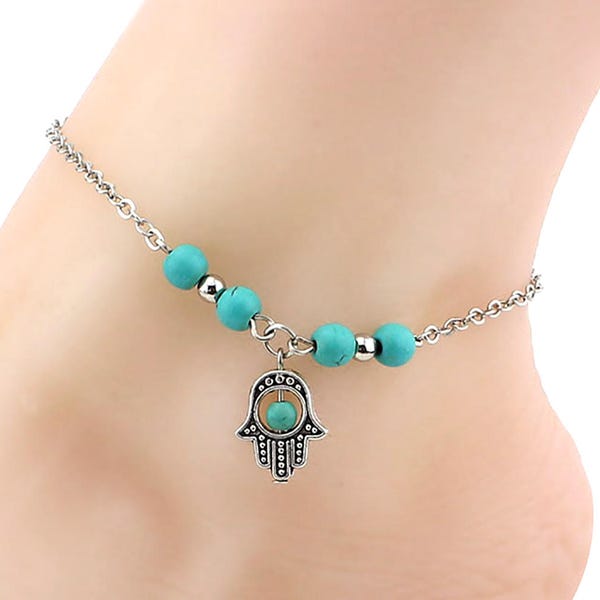 Turquoise Beads Anklet,Hamsa Hand Jewelry Silver Charm,Original Style , Gfits for Women,Mother's Day Gifts