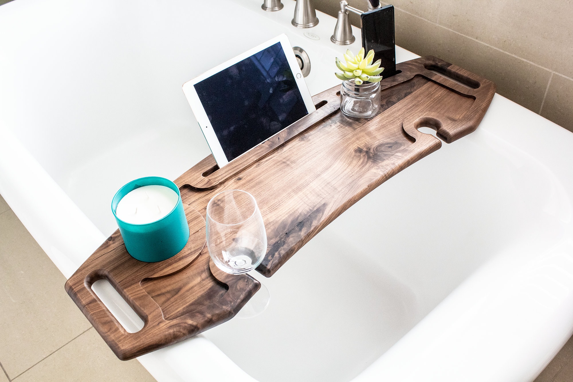 Bamboo Bathtub Tray Bath Tub Caddy with Expandable Handles Wine Glass Phone  Holder Book Stand for Bathroom Luxury Spa Wooden Bath Table Board for