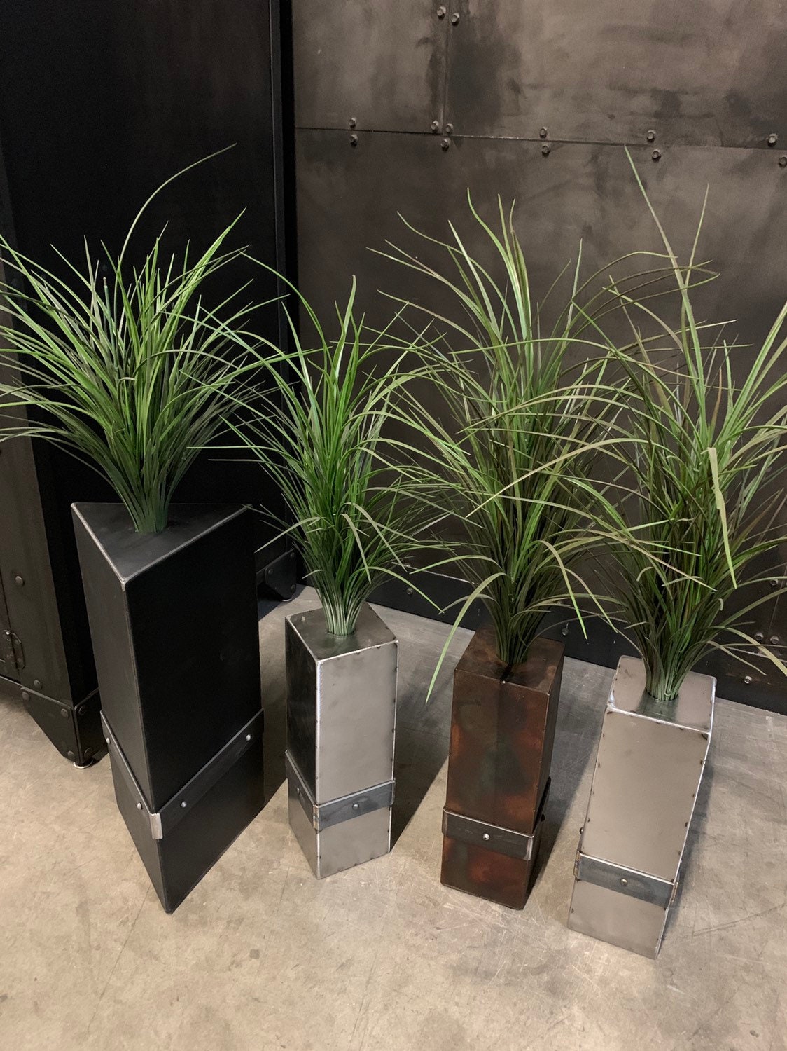 Industrial steel flower vases by @rusticsantafe, indoor outdoor flower display, heavy steel vases