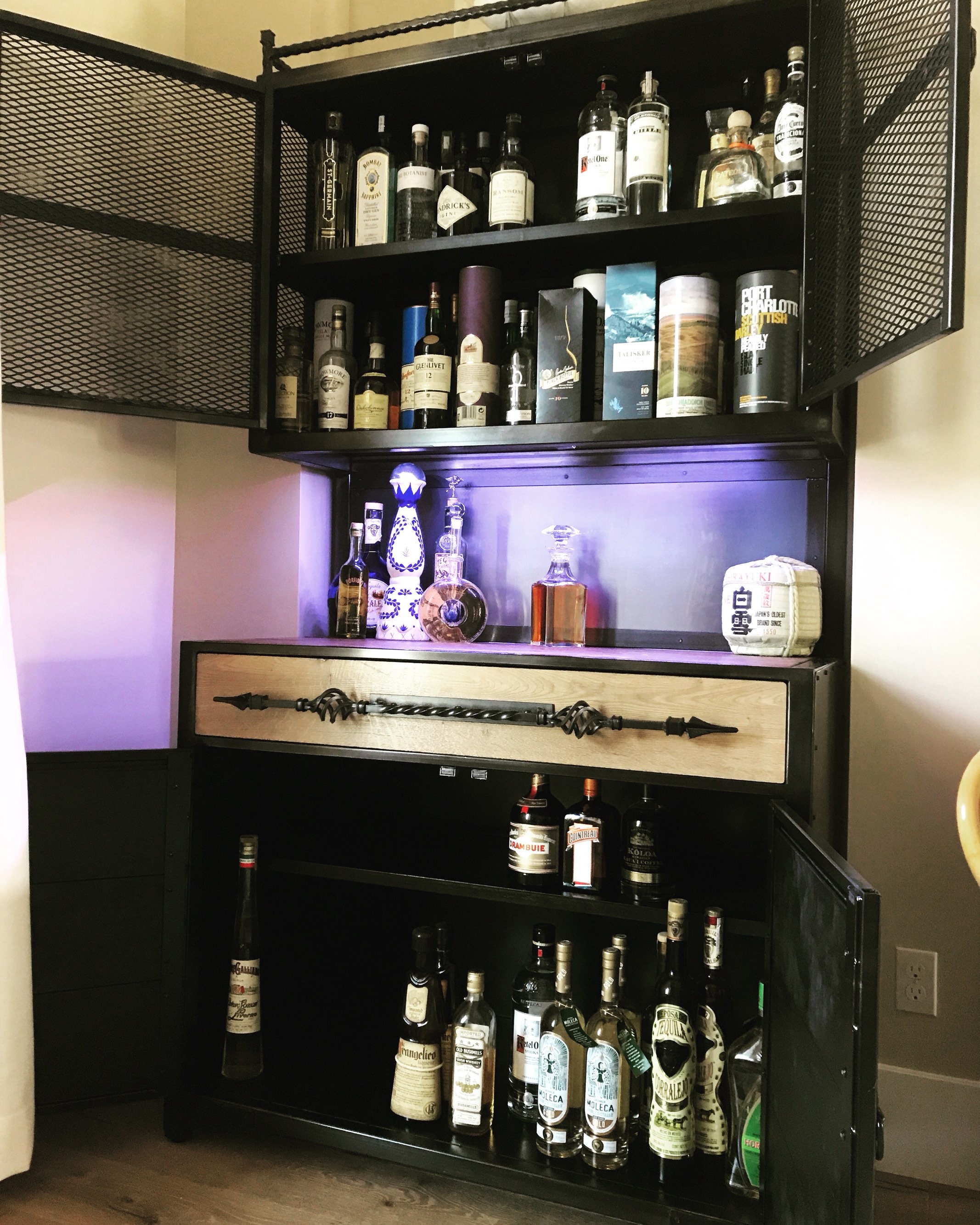 Custom Industrial Home Bar Area With Led Lit Bar Top Custom Liquor