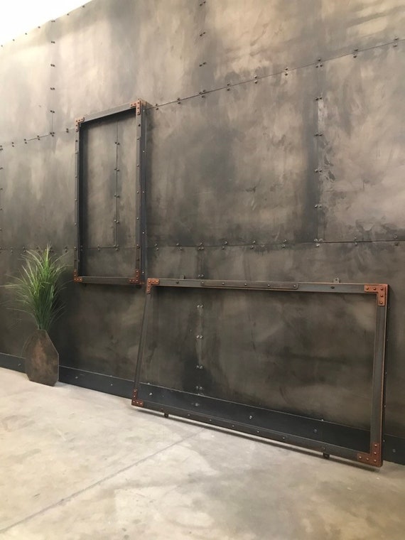 Industrial Welded Steel Mirror Frame With Rivets And Copper Colored Corner Gussets Large Metal Painting Picture