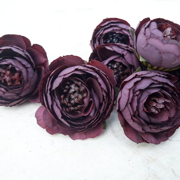 5 Ranunculus Deep Eggplant Bordeaux Burgundy Dusty Purple Artificial Silk Fabric Flowers Wedding Bridal Decor Decoration For Crown DIY Toys