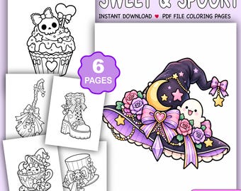 May include: A digital colouring book set titled SWEET & SPOOKY featuring 6 pages of line art including a skull cupcake, a broom, a platform boot, a teacup, a top hat, and a coloured illustration of a purple witch hat with a moon, roses, and a ghost.