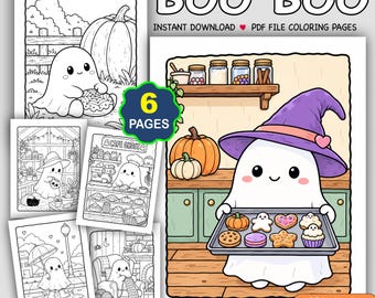 May include: A set of six digital colouring pages titled BOO BOO featuring a white ghost character in various scenes including a kitchen with a purple witch hat, a pumpkin patch, a cafe, a greenhouse, a rainy street, and a cosy living room.