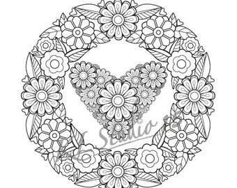 Coloring Page Flowers Heart Instant Download Relax Mandala Designs To Color For Adults Print And