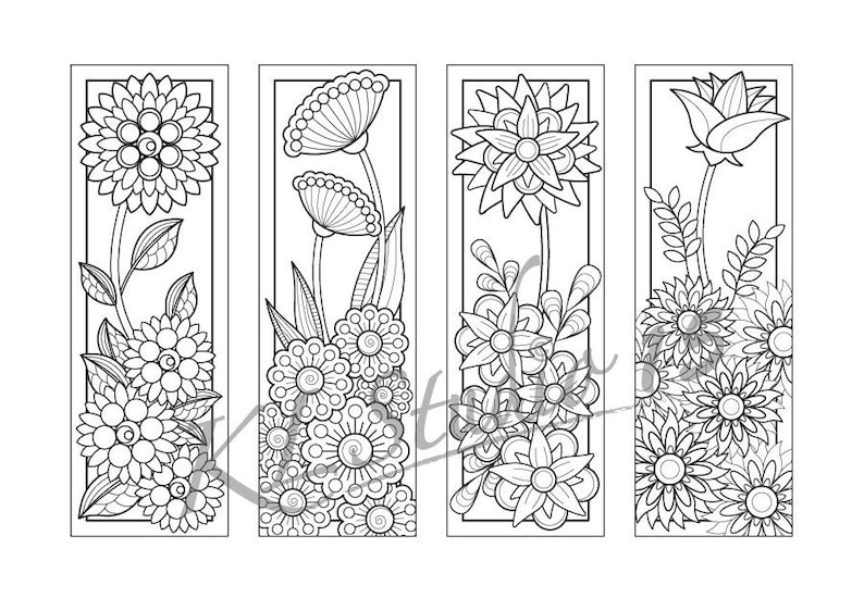blooming flowers coloring bookmarks page instant download