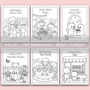 May include: A set of six black and white colouring pages featuring cute animal characters in Halloween scenes. Titles include Halloween Story Time, Little Witch Picnic, Friendly Ghost Visit, Black Cat's Pumpkin Garden, Halloween Tea Party, and Candy Shop Visit.