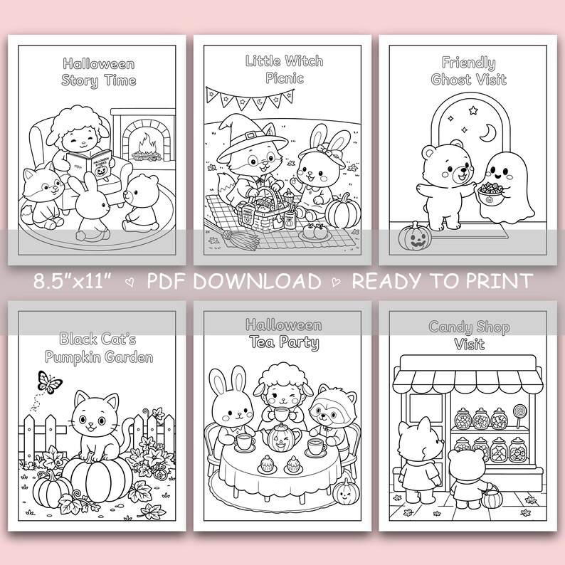 May include: A set of six black and white colouring pages featuring cute animal characters in Halloween scenes. Titles include Halloween Story Time, Little Witch Picnic, Friendly Ghost Visit, Black Cat's Pumpkin Garden, Halloween Tea Party, and Candy Shop Visit.