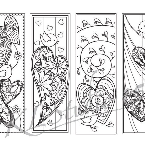 Printable Bird Coloring Bookmarks for Adults – Heart Mandala Designs – Digital PDF Download