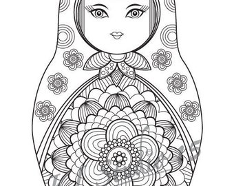 Matryoshka doll Coloring page,  Instant Download, Relax Mandala Designs to Color for Adults to Print and Color