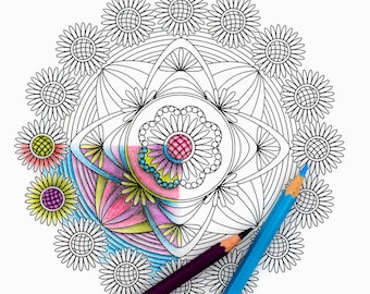 Daisy Coloring Page,  Instant Download, Relax Mandala Designs to Color for Adults to Print and Color