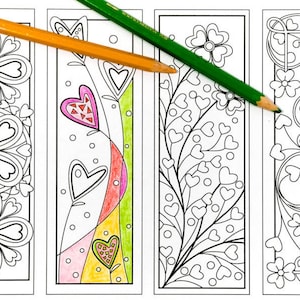 May include: Four black and white bookmark designs with intricate patterns of flowers, hearts, and swirls. The bookmarks are ready to be colored in.