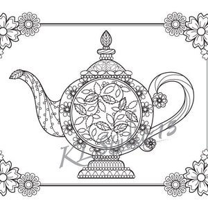 Teapot Coloring page,  Instant Download, Relax Teapot Designs to Color for Adults to Print and Color