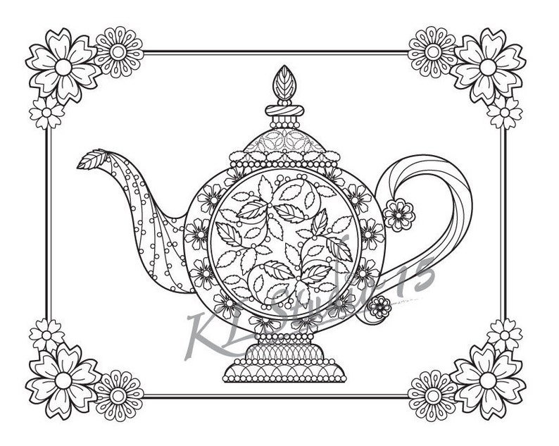 Teekanne Malseite, Sofort Download, Entspannung Teekanne Designs zum Ausmalen für Erwachsene zum Ausdrucken und Ausmalen Bild 1