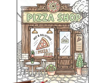 Desenho para colorir de pizzaria para imprimir | Fachada aconchegante de pizzaria | Restaurante italiano de pizza | Desenho para colorir para adultos e crianças | PDF instantâneo