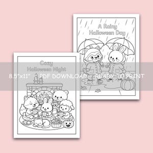 May include: Two black and white colouring pages measuring 21.59 cm x 27.94 cm. One page titled "Cozy Halloween Night" shows animals by a fireplace. The other page titled "A Rainy Halloween Day" depicts a raccoon and rabbit with umbrellas in the rain.